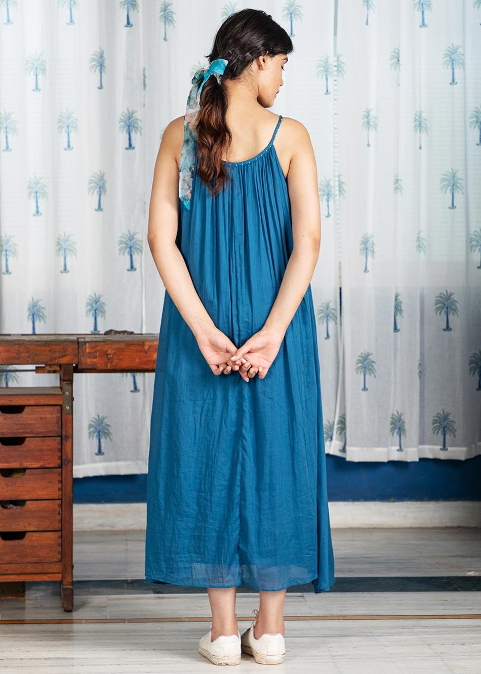 Pimu Cotton Solid Dress for Women - Teal Blue