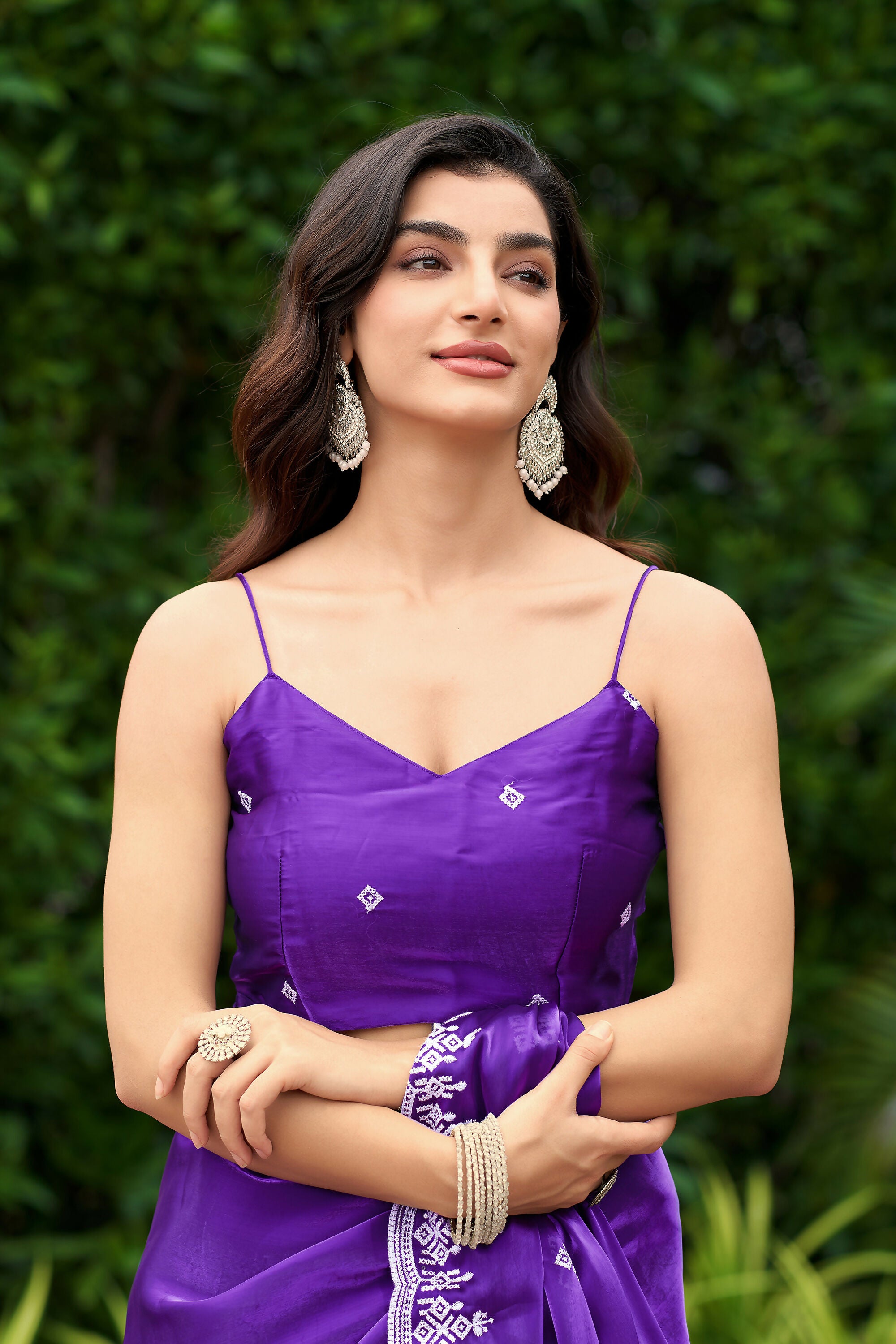 Vastranavya Purple-Blue Embroidery Work Shimmer Chiffon Saree with Unstitched Blouse