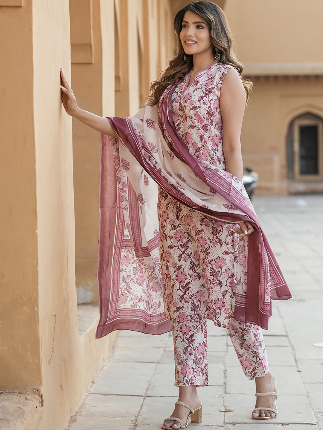 Kalini Floral Printed Thread Work Pure Cotton Kurta With Trouser & Dupatta - Distacart
