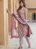 Thumbnail for Kalini Floral Printed Thread Work Pure Cotton Kurta With Trouser & Dupatta - Distacart