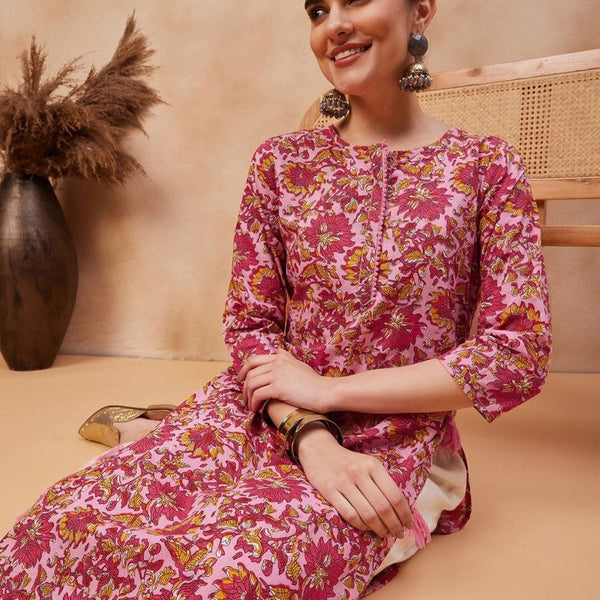 Anouk Floral Printed Round Neck Pure Cotton Straight Kurta - Distacart