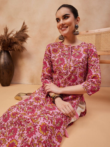 Anouk Floral Printed Round Neck Pure Cotton Straight Kurta