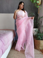 Thumbnail for Anouk Pink Floral Embroidered Organza Saree - Distacart