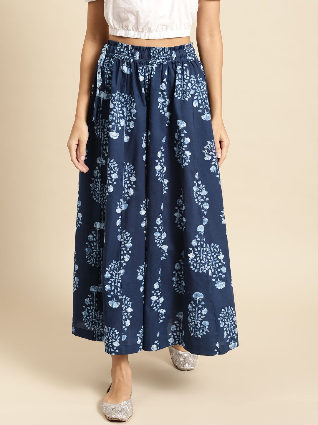 TAG 7 Women Navy Blue & White Printed Flared Palazzos - Distacart