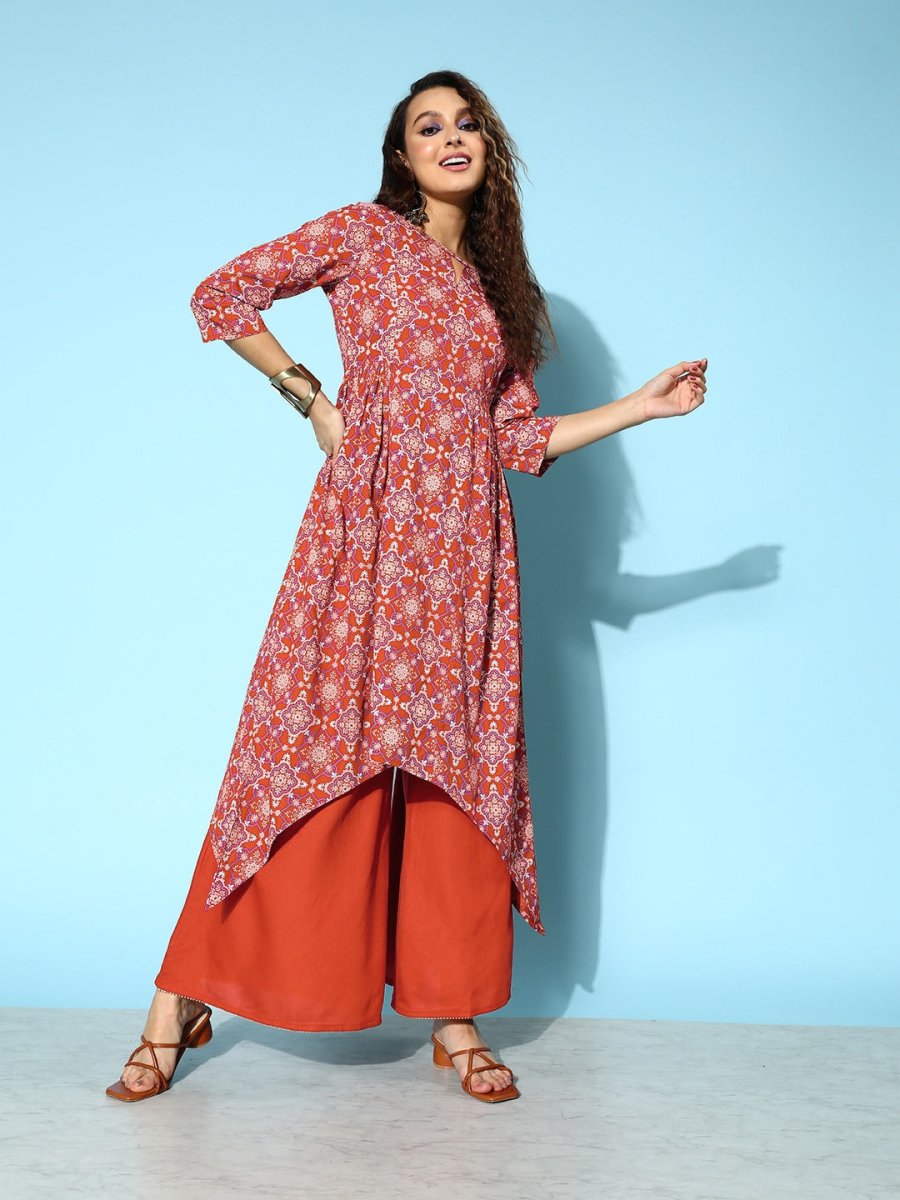 All About You Brick Red Printed Dipped Hem Veere Di Wedding A-Line Kurta with Palazzos - Distacart