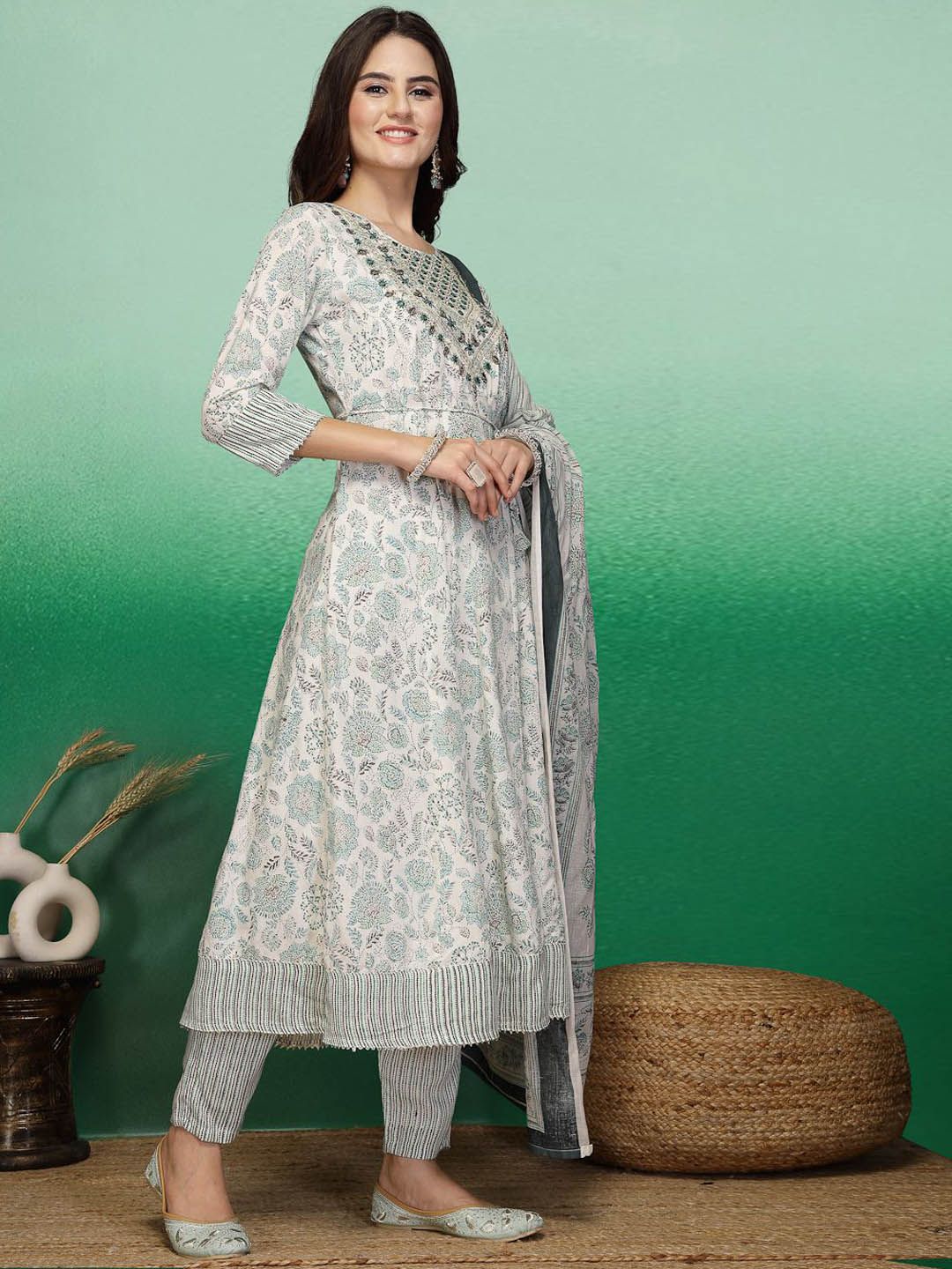 Sangria White & Green Floral Printed A-Line Kurta With Trouser & Dupatta