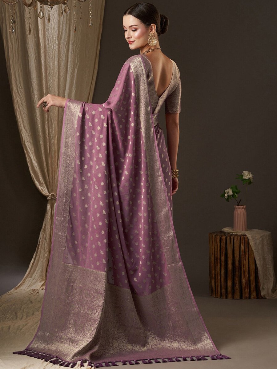 Anouk Mauve & Gold-Toned Woven Design Zari Pure Georgette Kanjeevaram Saree - Distacart
