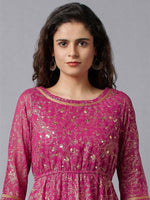 Thumbnail for AURELIA Pink Ethnic Motifs Embellished Three-Quarter Sleeves Maxi Dress