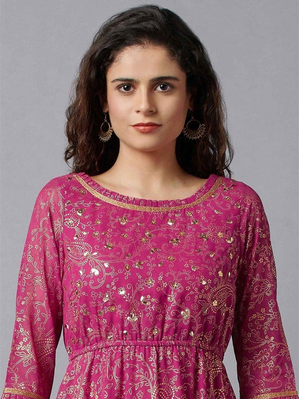 AURELIA Pink Ethnic Motifs Embellished Three-Quarter Sleeves Maxi Dress
