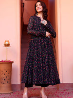 Thumbnail for Kalini Floral Printed Round Neck Long Sleeves Georgette Anarkali Kurta - Distacart