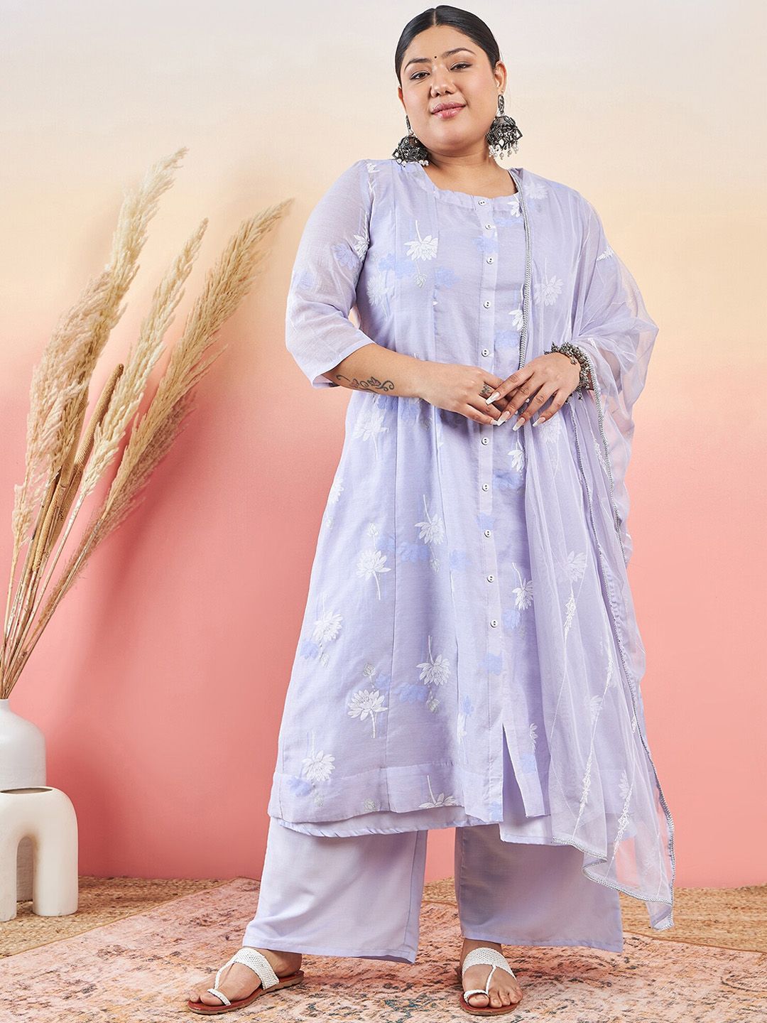 Sztori Floral Printed Round Neck A-Line Kurta with Palazzo & Dupatta - Distacart