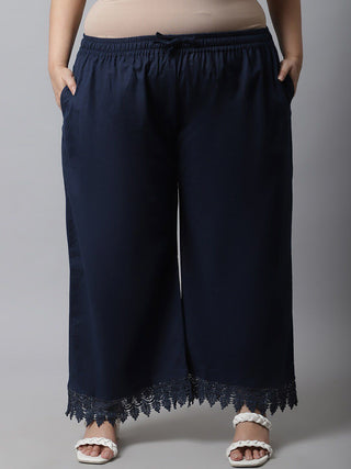 TAG 7 Women Navy Blue Linen Plus Size Lace Ethnic Palazzos - Distacart