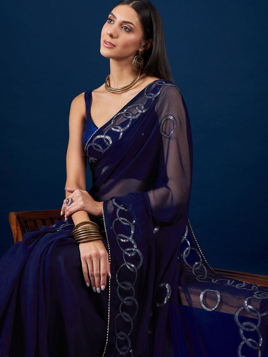 Anouk Blue Geometric Embroidered Sequinned Pure Chiffon Saree - Distacart