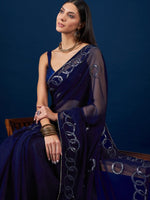 Thumbnail for Anouk Blue Geometric Embroidered Sequinned Pure Chiffon Saree - Distacart