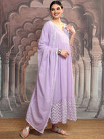 Thumbnail for Vishudh Lavender Mirror Work Pure Cotton Anarkali Kurta With Trousers & Dupatta - Distacart