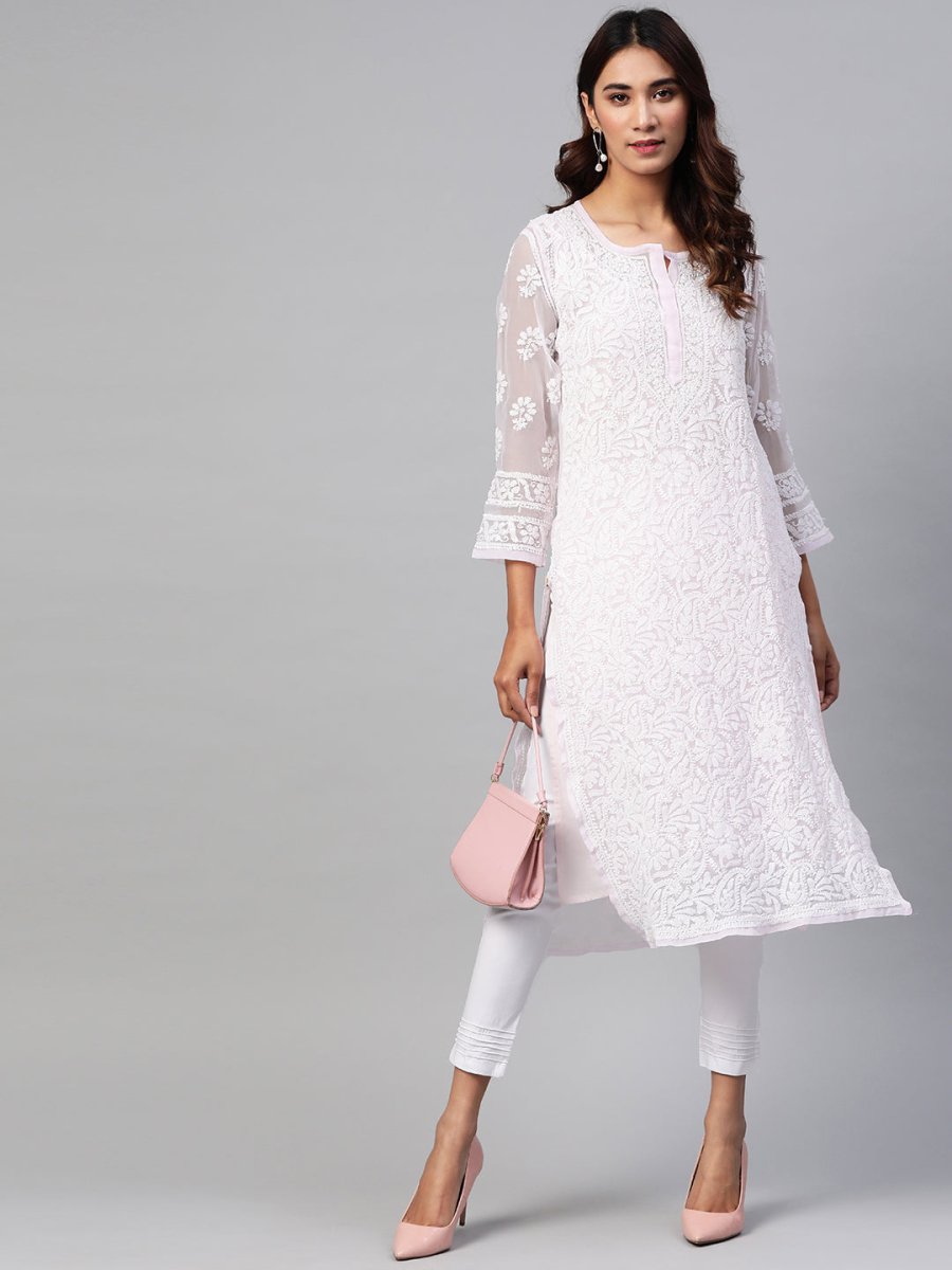 ADA Women Pink & White Chikankari Embroidered Handloom Kurta with Trousers - Distacart