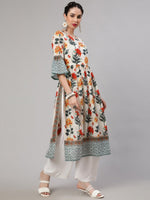 Thumbnail for Aks Floral Printed Bell Sleeves Pleated Cotton A-Line Kurta - Distacart