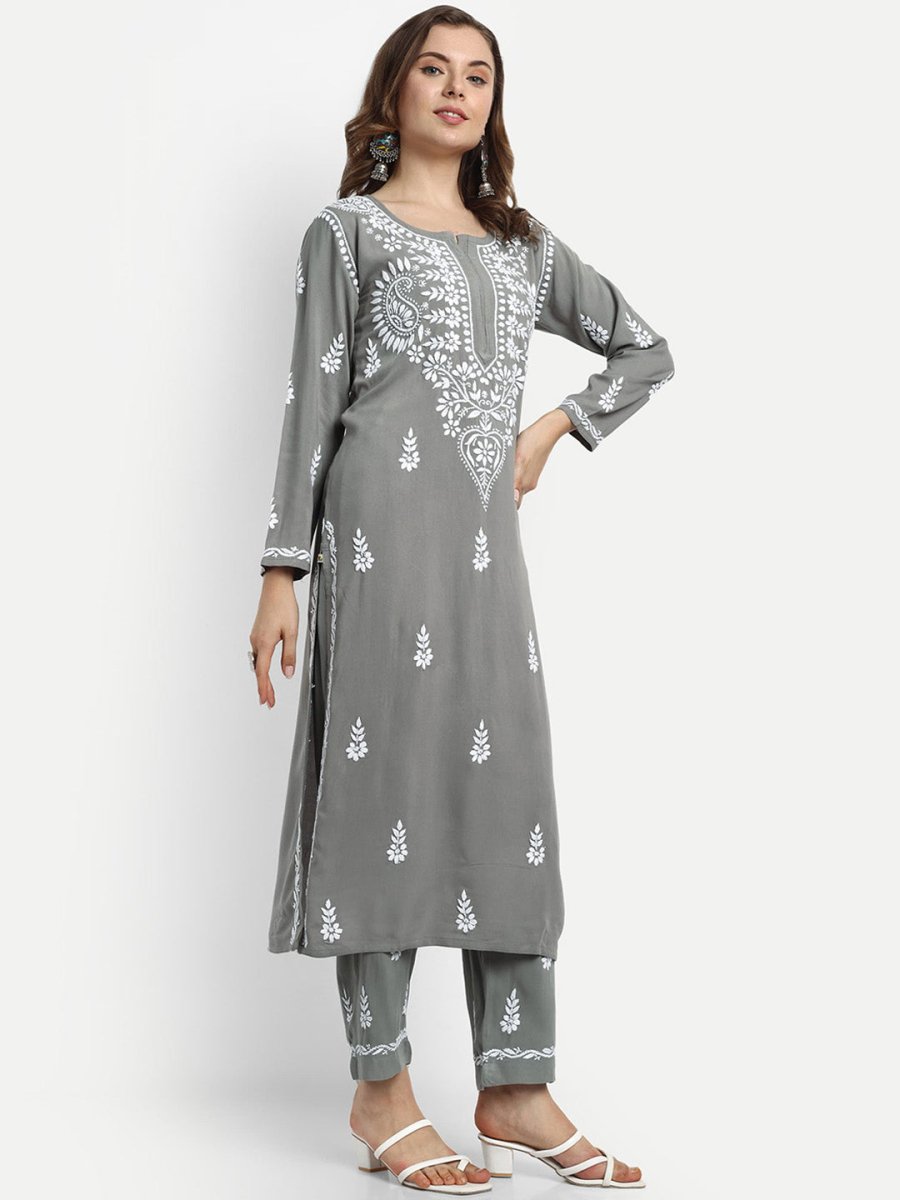 ADA Ethnic Motifs Embroidered Lucknowi Chikankari Kurta with Trousers - Distacart