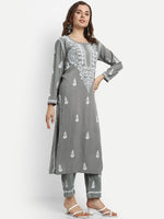 Thumbnail for ADA Ethnic Motifs Embroidered Lucknowi Chikankari Kurta with Trousers - Distacart