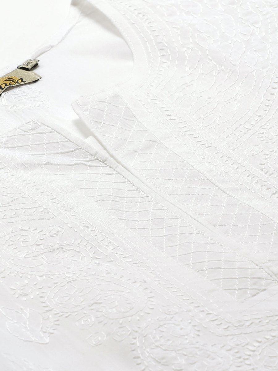 ADA Women White & Black Chikankari Embroidered Semi-Sheer Sustainable Handloom Kurta with Churidar - Distacart