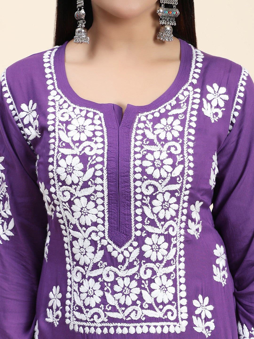 HOUSE OF KARI Women Purple Floral Embroidered Chikankari Pure Cotton Kurta with Palazzos - Distacart