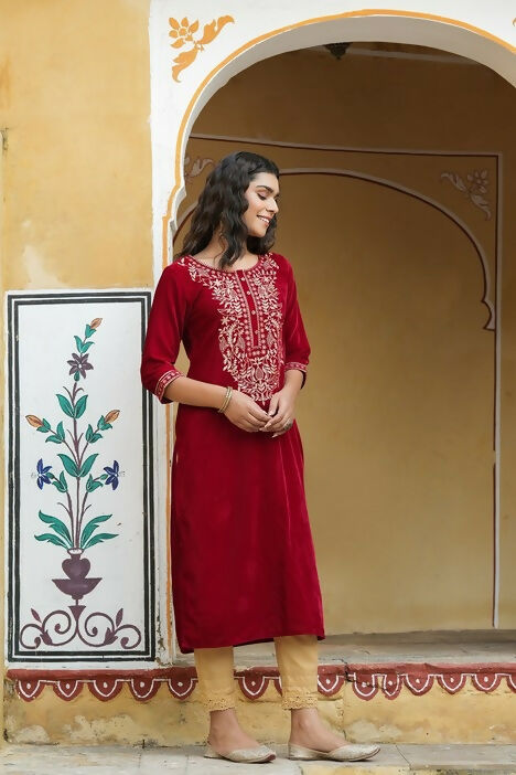 Juniper Maroon Ethnic Motif Printed Velvet Straight Kurta With Zari Work Embroidery - Distacart