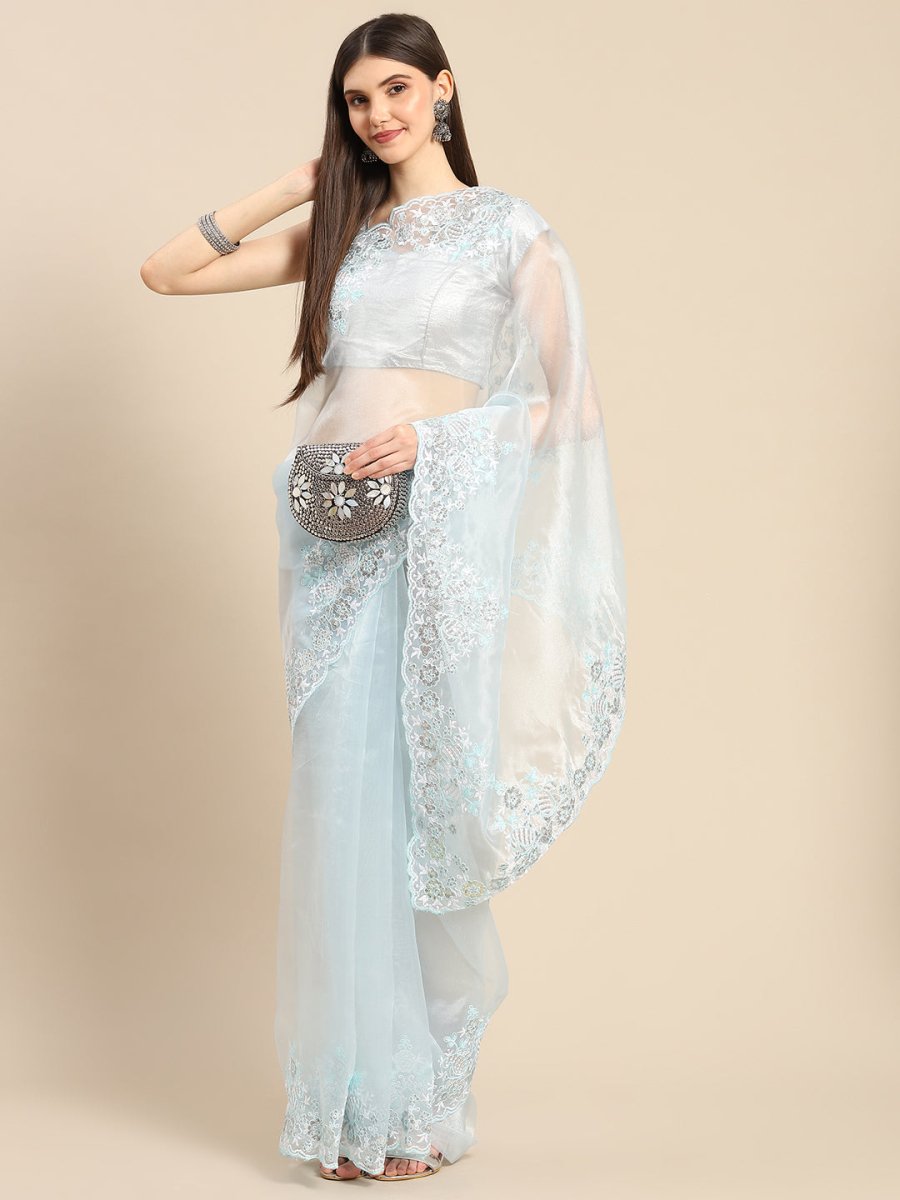 Anouk Blue Organza Saree With Embroidered Border - Distacart