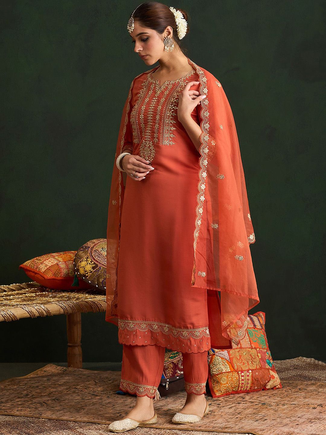 Indo Era Women Ethnic Motifs Embroidered Regular Gotta Patti Kurta with Trousers & With Dupatta