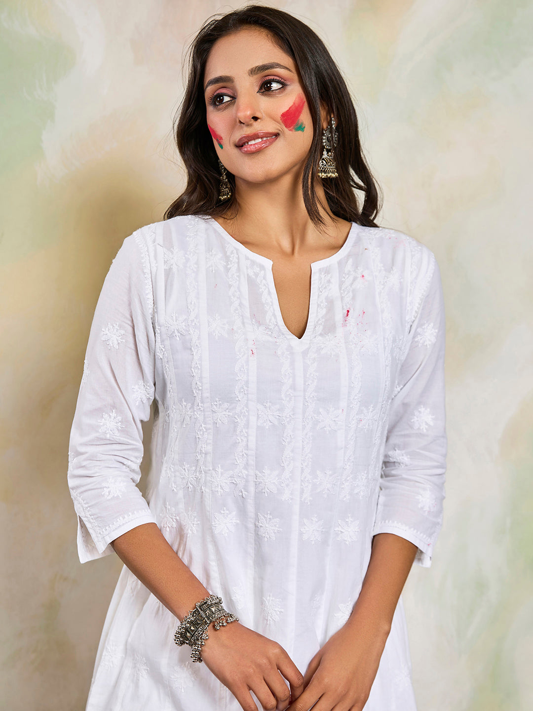 HOUSE OF KARI Women Notch Neck Floral Embroidered Chikankari Shadow Work Cotton Kurta - Distacart