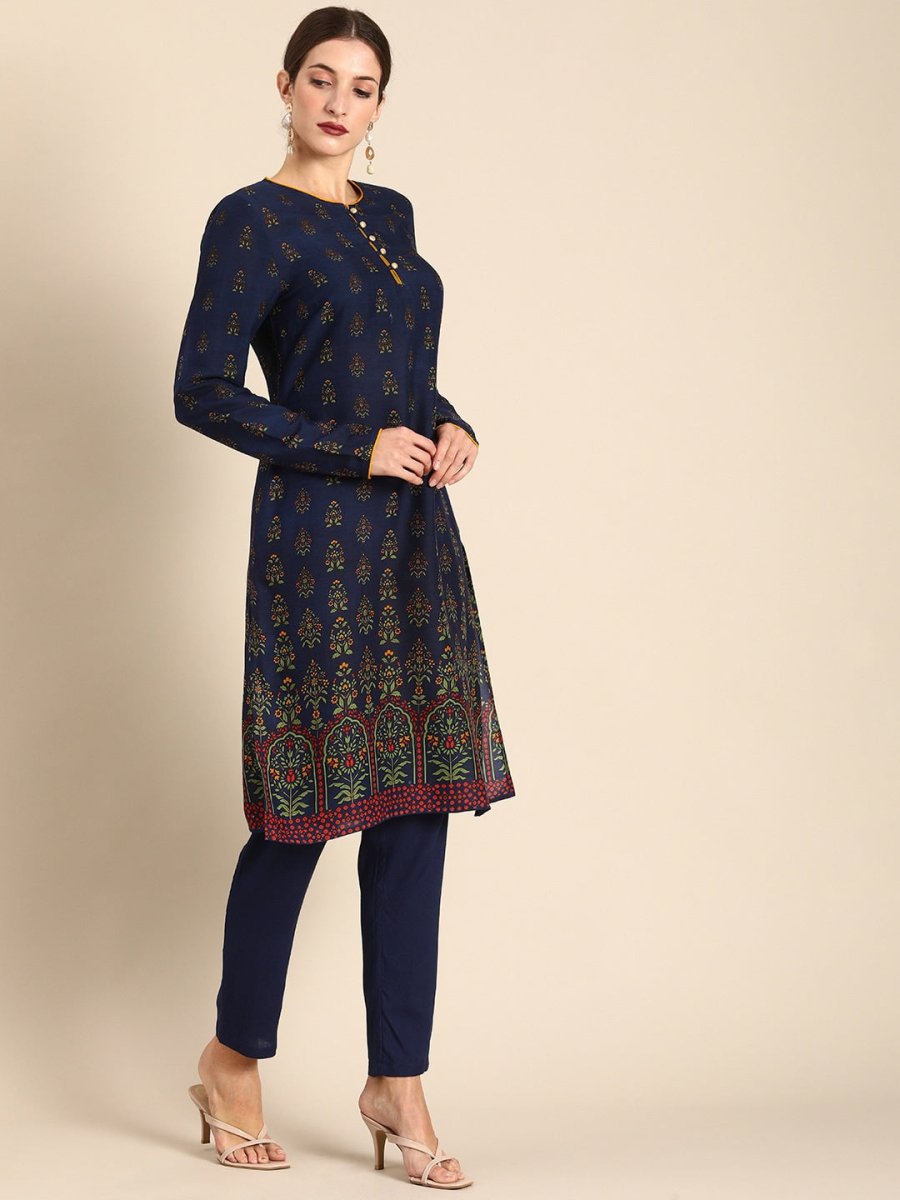 All About You Women Navy Blue Floral Printed Regular Long Sleeves Kurta with Trousers - Distacart