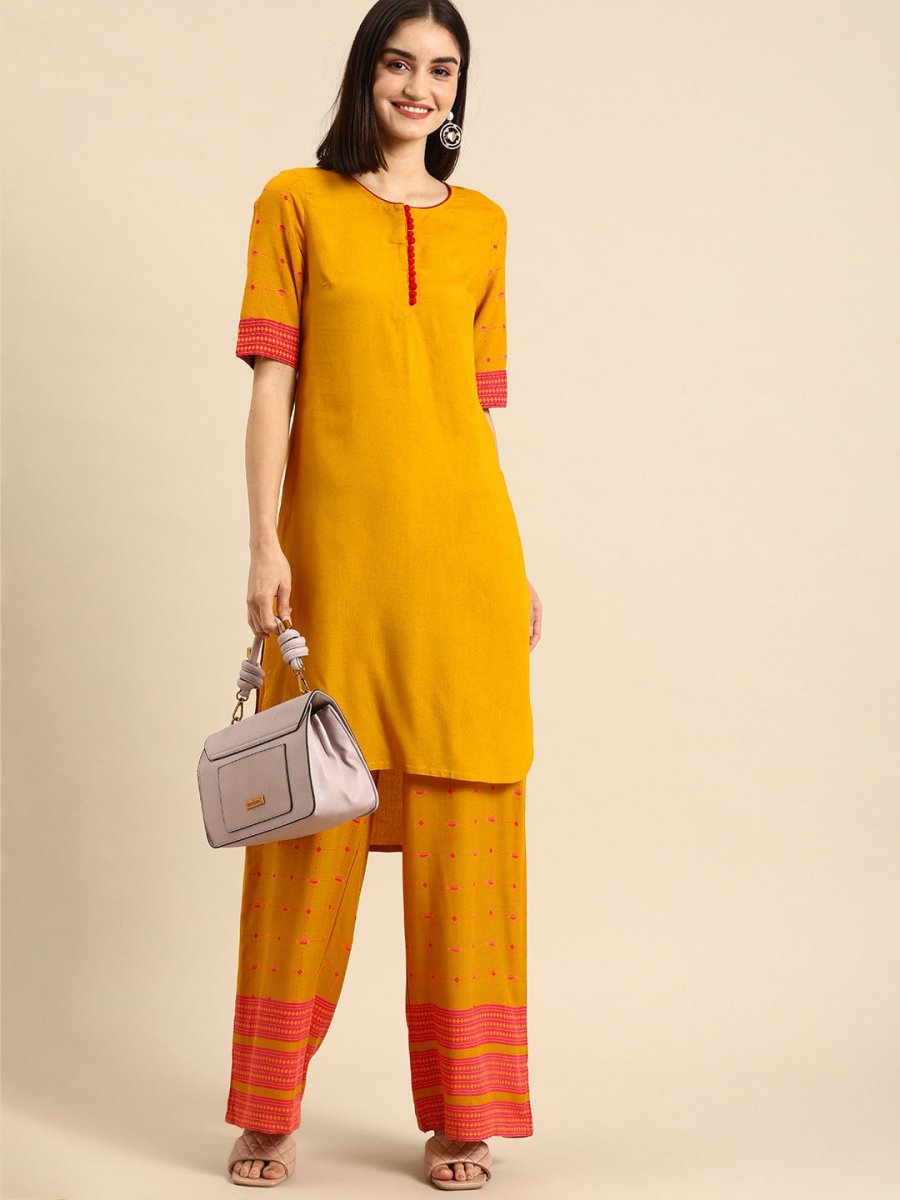 All About You Women Mustard Yellow & Pink Round Neck Regular Kurta with Palazzos - Distacart