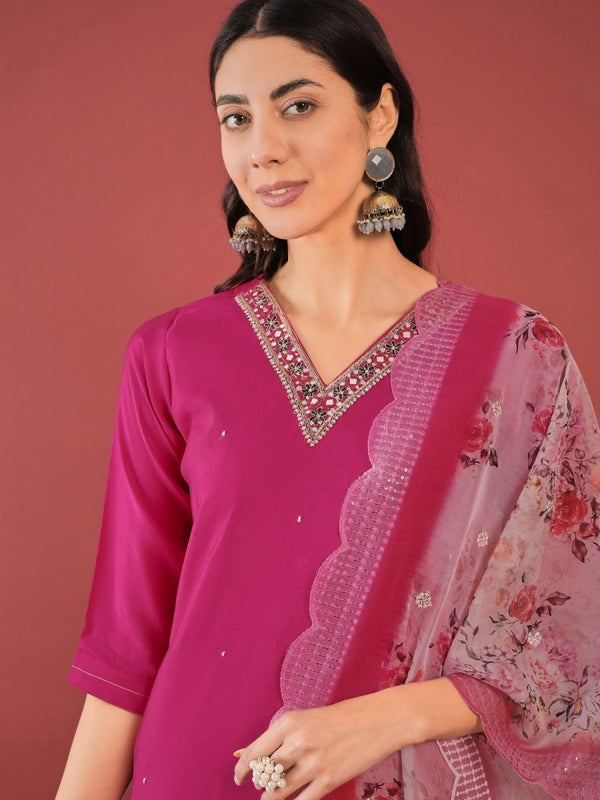 Anouk Pink Ethnic Motifs Yoke Design Thread Work Straight Kurta With Trousers & Dupatta