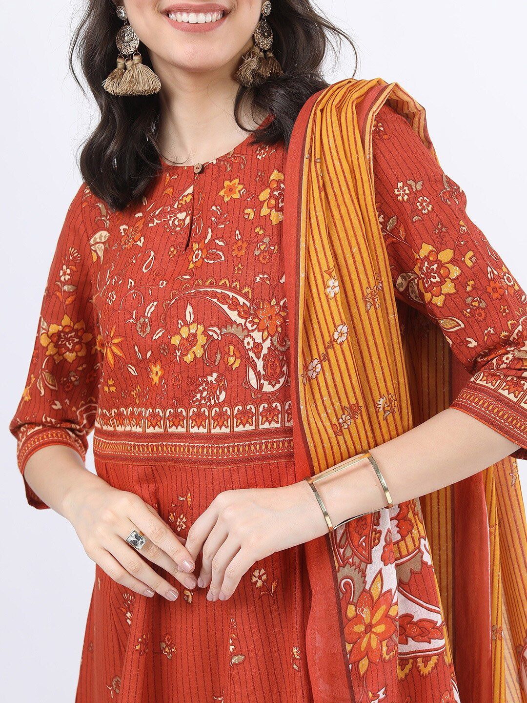 Vishudh Women Rust Ethnic Motifs Printed Angrakha Pure Cotton Kurta with Palazzos & With Dupatta - Distacart