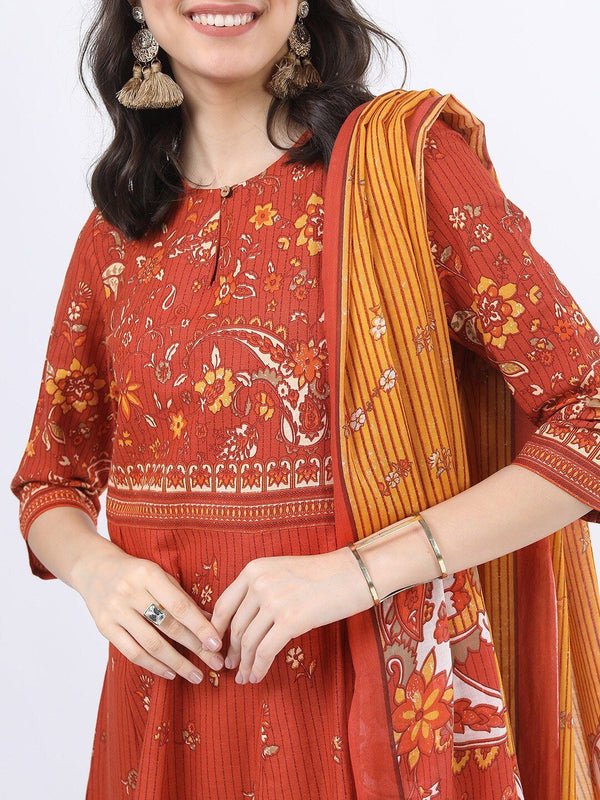 Vishudh Women Rust Ethnic Motifs Printed Angrakha Pure Cotton Kurta with Palazzos & With Dupatta