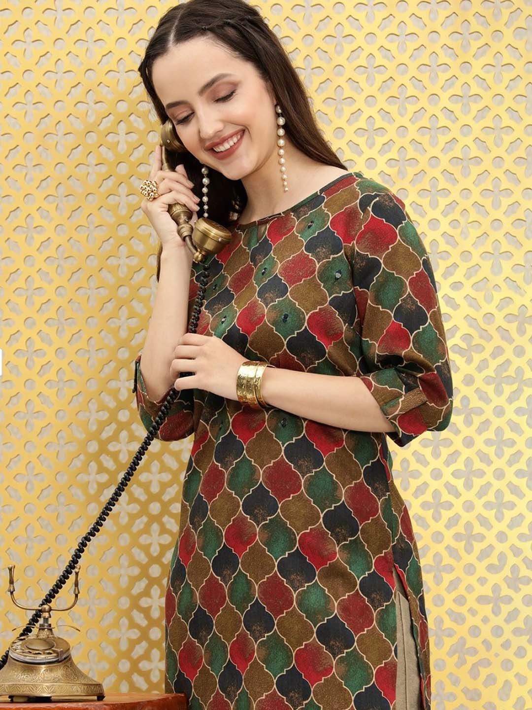 Ode by House of Pataudi Ethnic Motifs Printed Boat Neck Mirror Work Detailed Kurta - Distacart