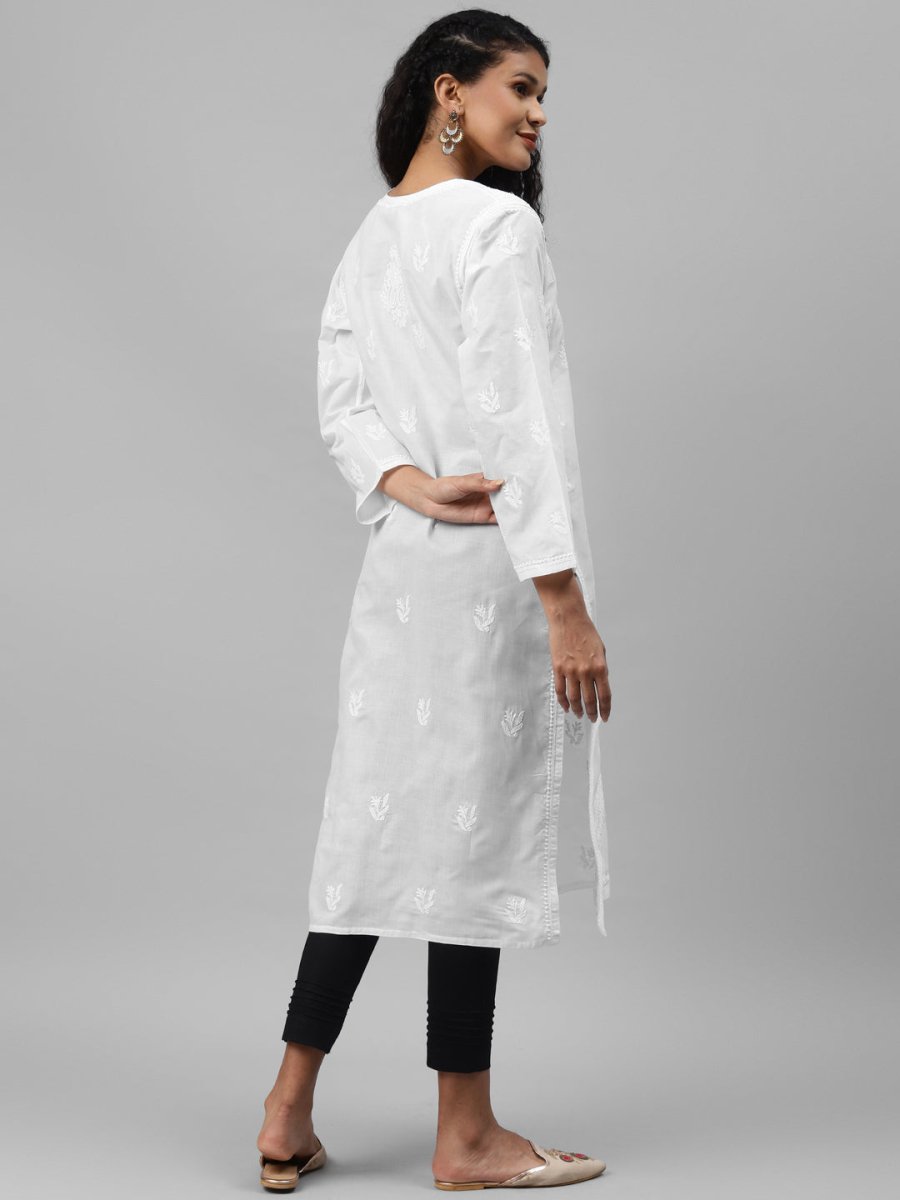 ADA Women White & Black Paisley Embroidered Chikankari Handloom Kurta with Trousers - Distacart
