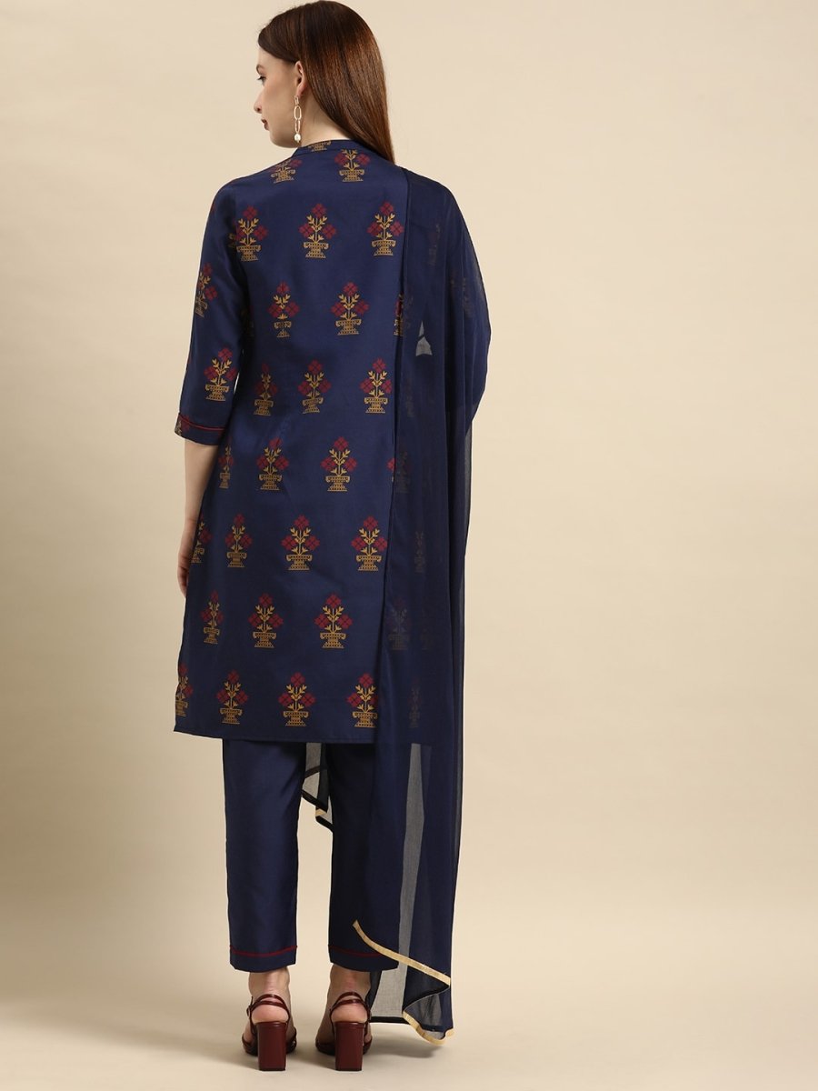 All About You Women Navy Blue Ethnic Motifs Printed Kurta with Trousers & With Dupatta - Distacart