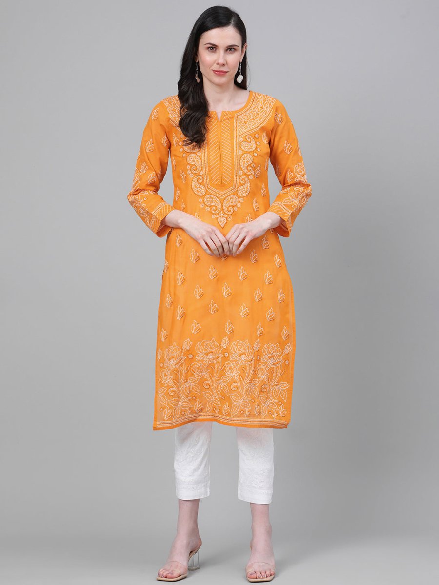 ADA Women Mustard Yellow & White Chikankari Embroidered Cotton Sustainable Handloom Kurta with Palazzos - Distacart