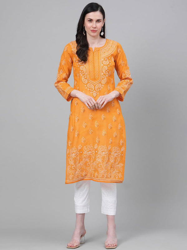 ADA Women Mustard Yellow & White Chikankari Embroidered Cotton Sustainable Handloom Kurta with Palazzos - Distacart