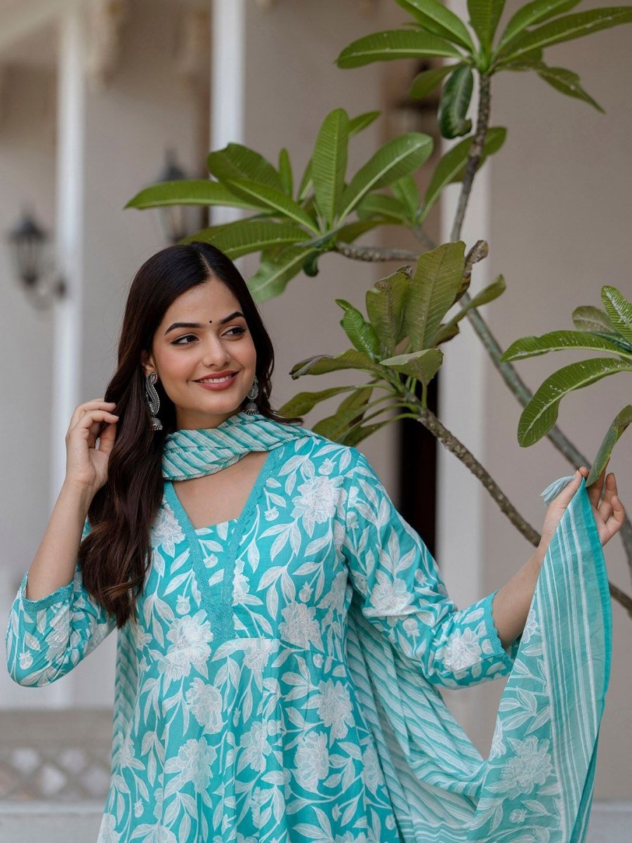 Anouk Blue Floral Printed V-Neck Aari Work Flared Pure Cotton Anarkali Kurta Set
