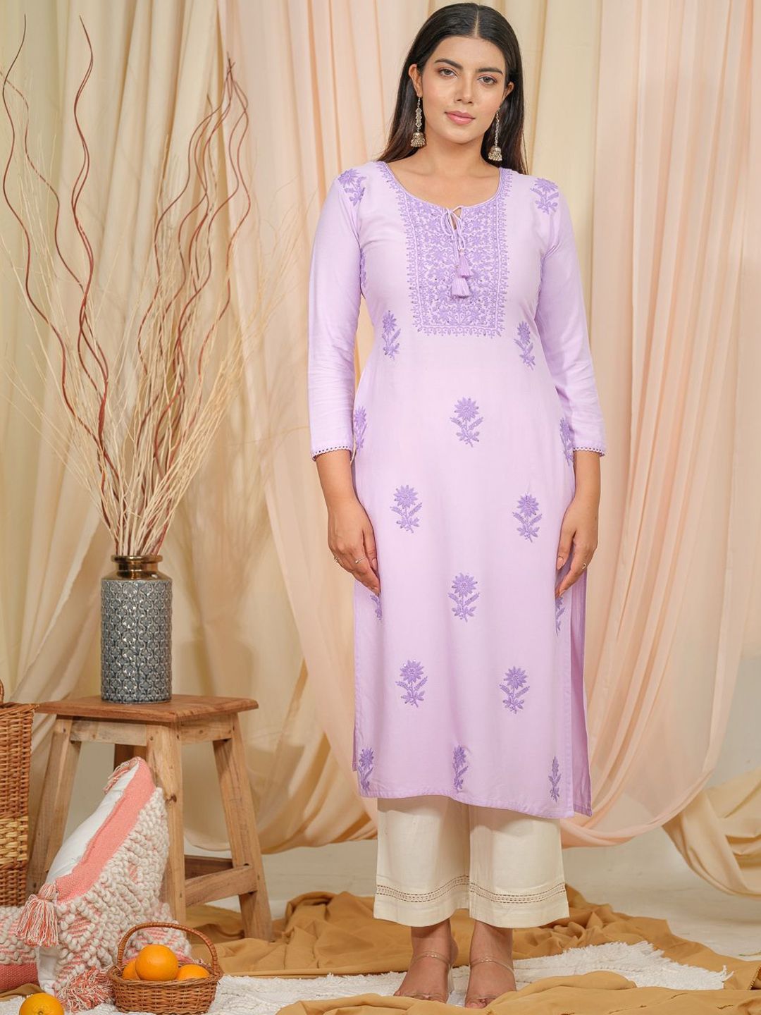 Ode by House of Pataudi Floral Embroidered Tie-Up Neck Straight Kurta - Distacart