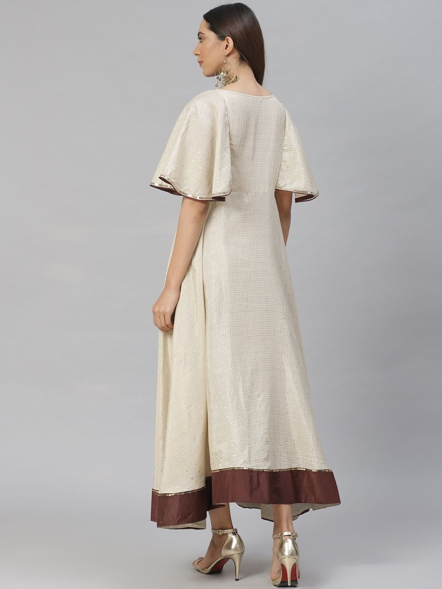 AURELIA Women Off-White & Golden Checked A-Line Dress