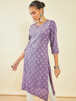 Thumbnail for Soch Purple Ethnic Motifs Printed Round Neck Regular Kurta - Distacart