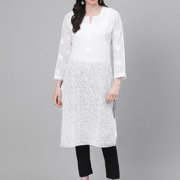 ADA Women White & Black Chikankari Embroidered Sustainable Handloom Kurta with Trousers - Distacart