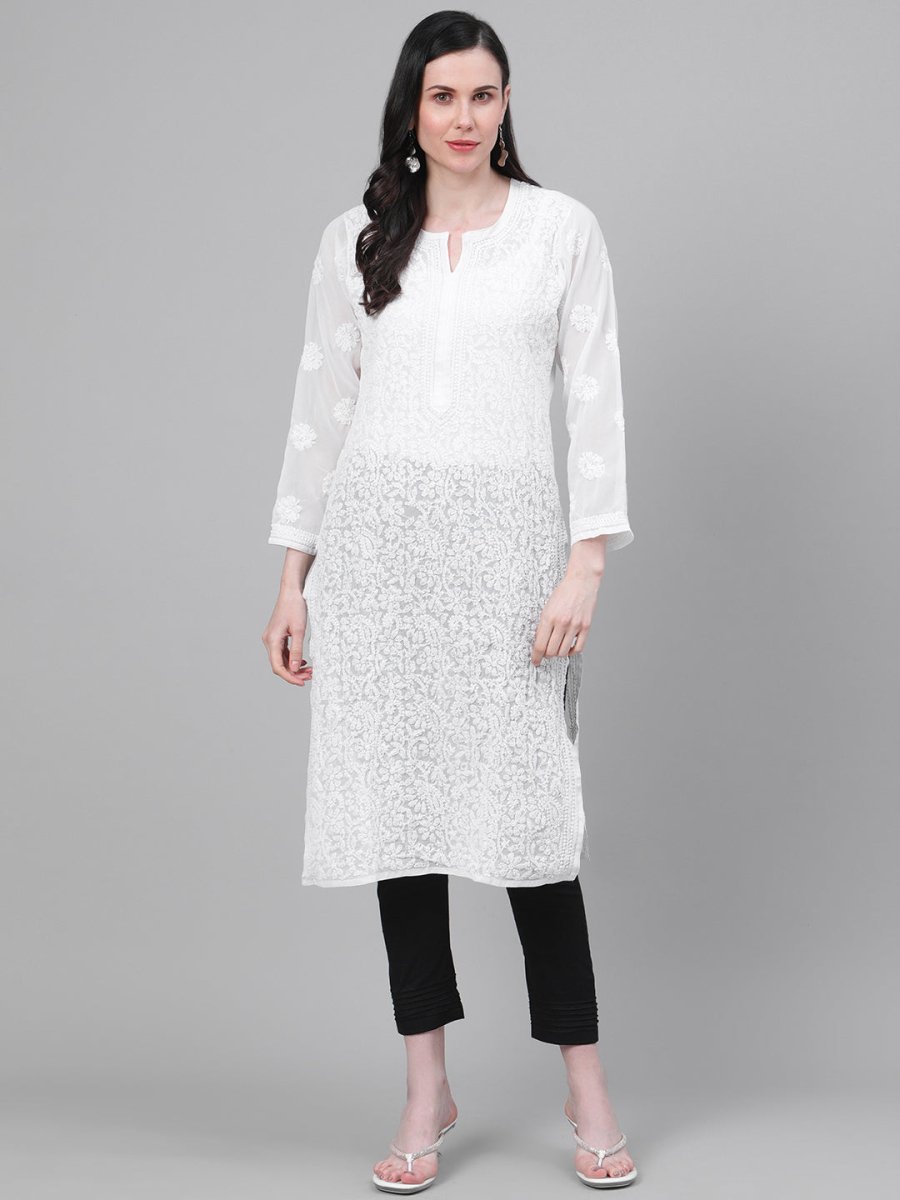 ADA Women White & Black Chikankari Embroidered Sustainable Handloom Kurta with Trousers - Distacart