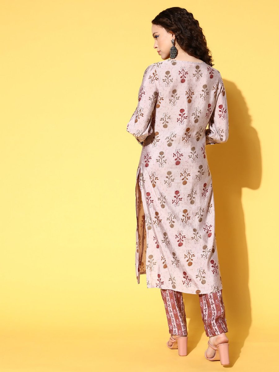 All About You Women Amusing Taupe Ethnic Motifs Print Parade Kurta with Trousers - Distacart