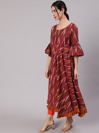 Aks Ikat Printed Pleated Pure Cotton Anarkali Kurta - Distacart