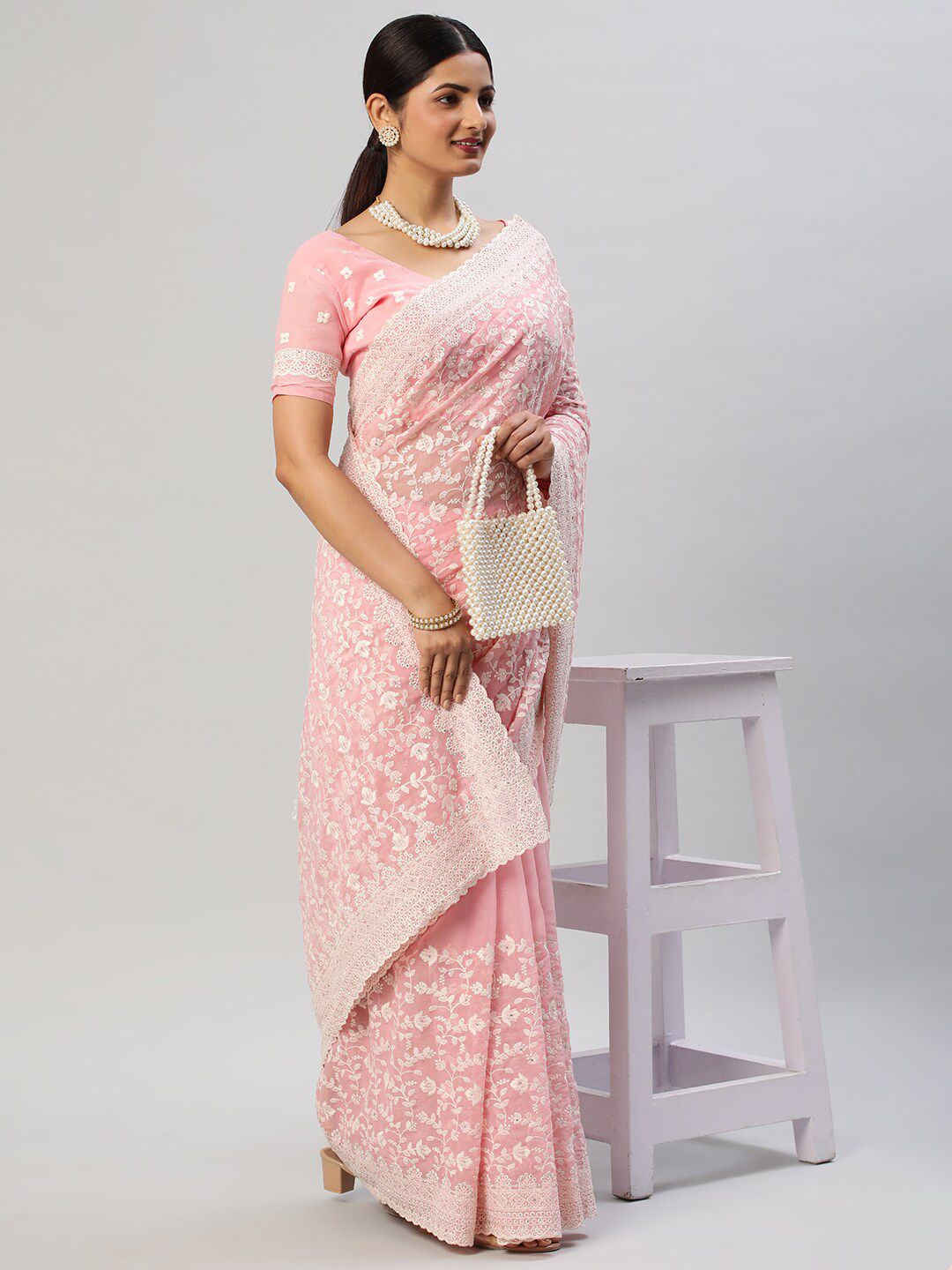 kasee Floral Embroidered Pure Chiffon Saree - Distacart