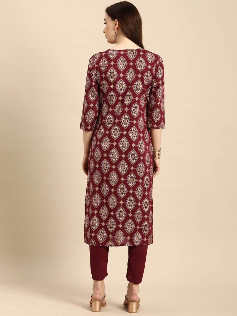 All About You Women Maroon Printed Kurta with Trousers - Distacart