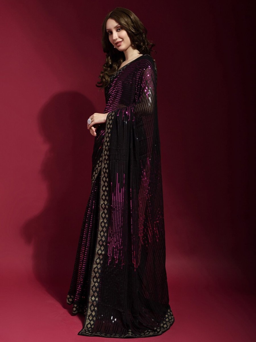 Anouk Black & Pink Embellished Sequinned Pure Georgette Saree - Distacart